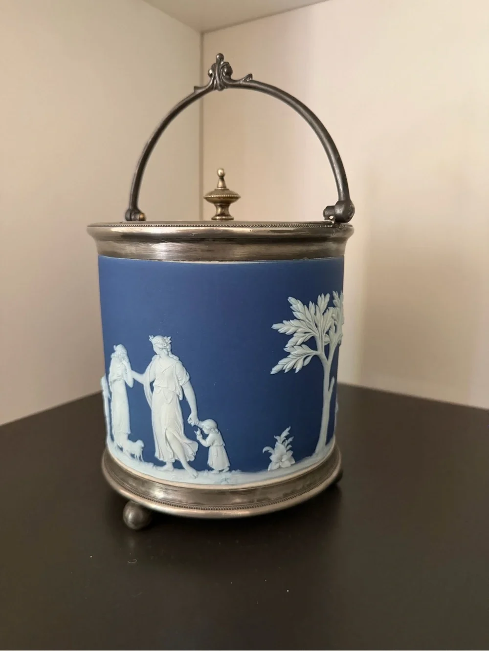 Antique Wedgwood Cobalt Blue Jasperware Biscuit Barrel Jar Silverplate